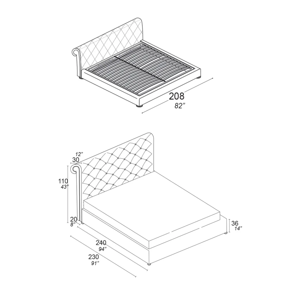Lit double avec rembourrage capitonné et pieds en bois - Briosco Viadurini