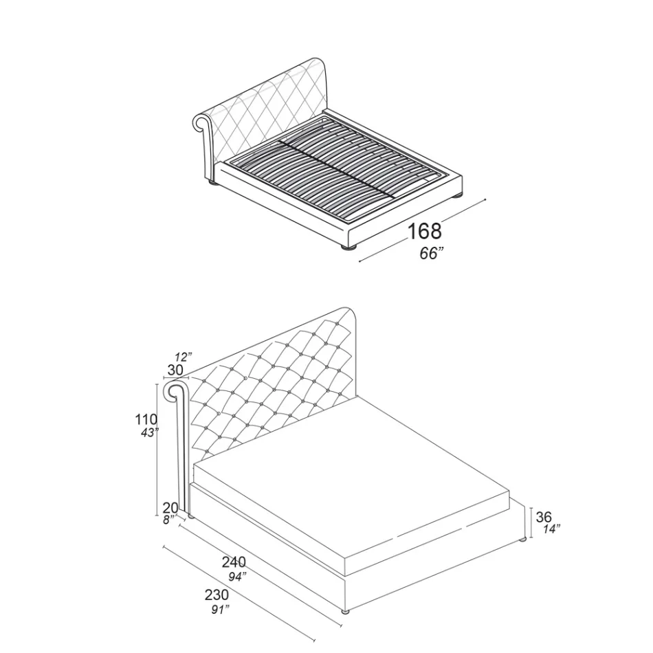 Lit double avec rembourrage capitonné et pieds en bois - Briosco Viadurini