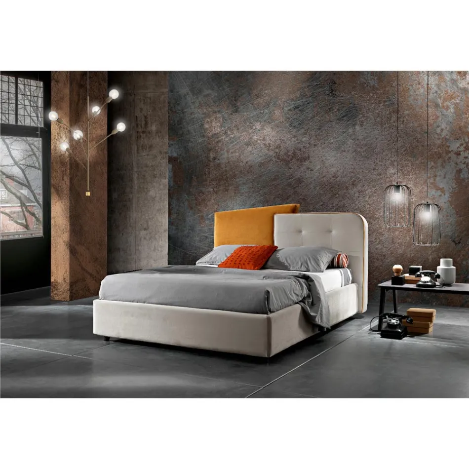 Lit Double Design Moderne en Velours Gris et Orange - Plorifon Viadurini