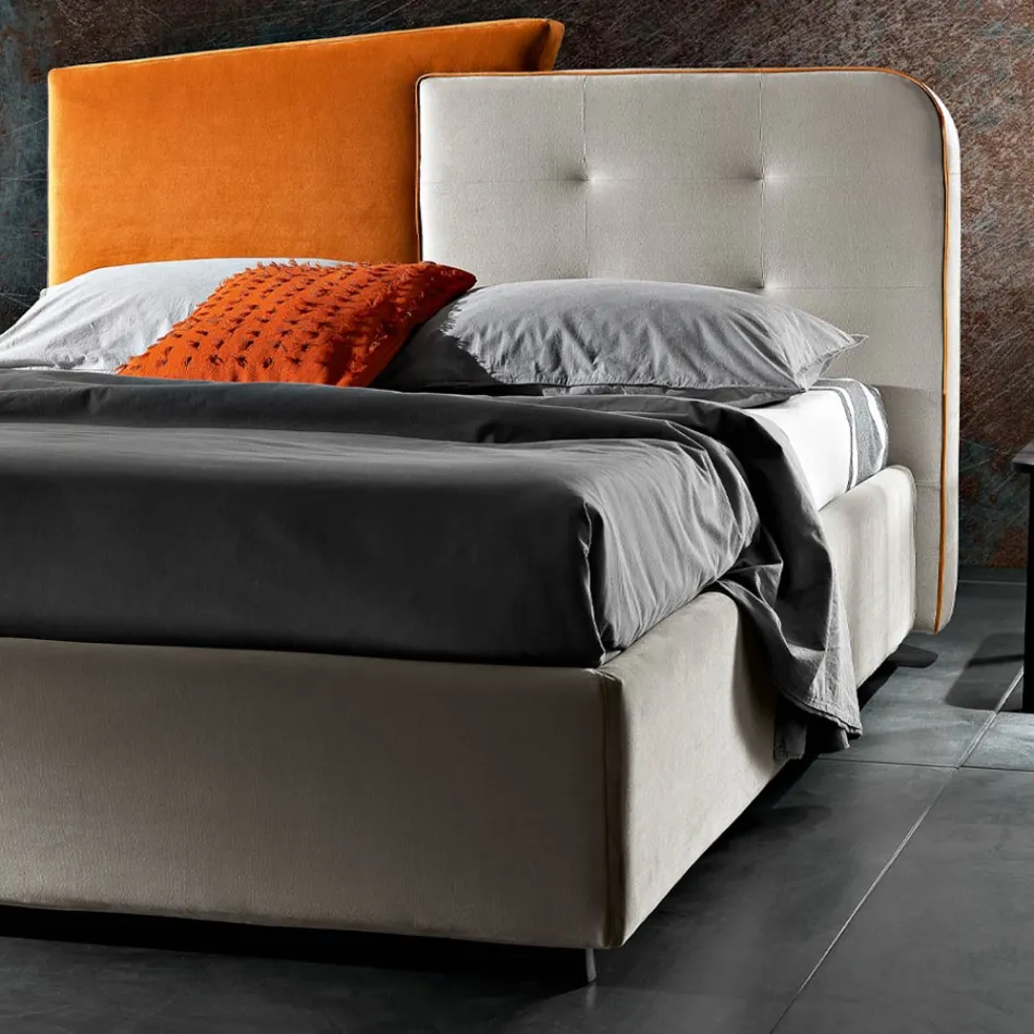 Lit Double Design Moderne en Velours Gris et Orange - Plorifon Viadurini
