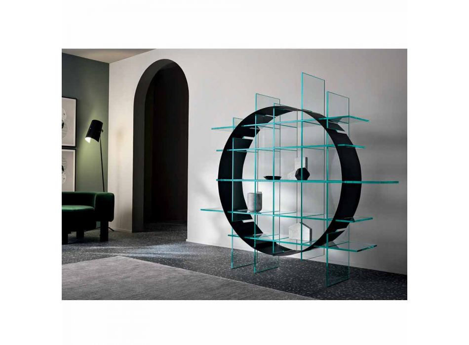 Bibliothèque circulaire autoportante en verre extraclair et noir brossé - Marco