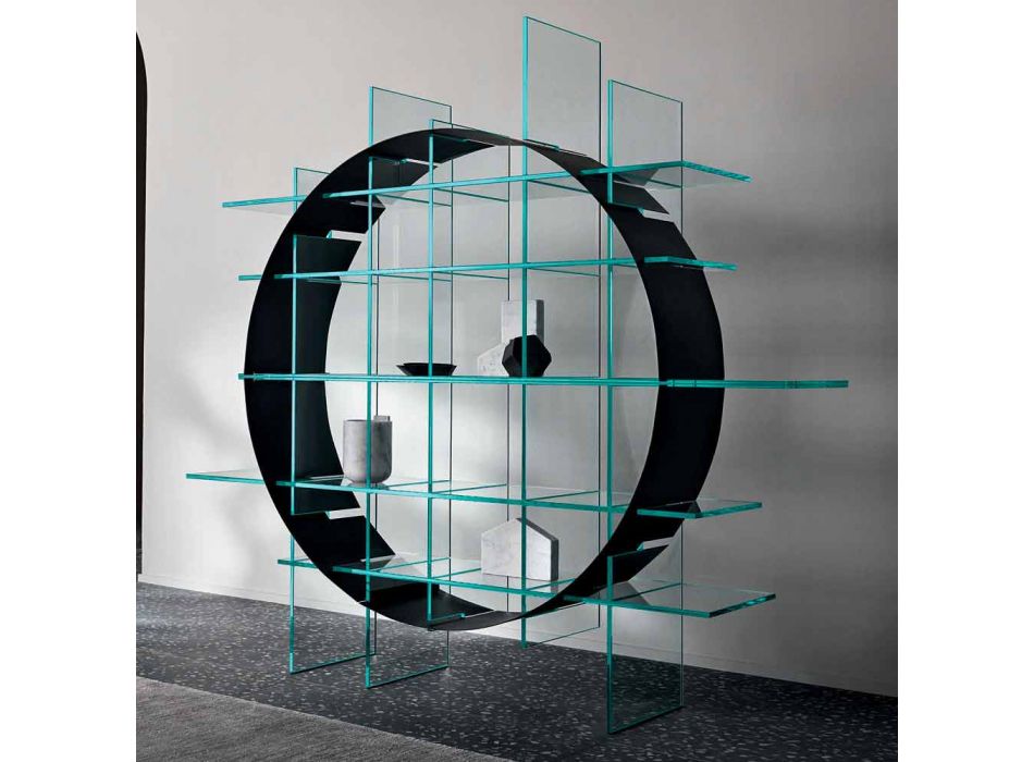 Bibliothèque circulaire autoportante en verre extraclair et noir brossé - Marco