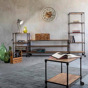 Bibliothèque en acier peint avec roulettes et étagères en teck Homemotion - Fulvia