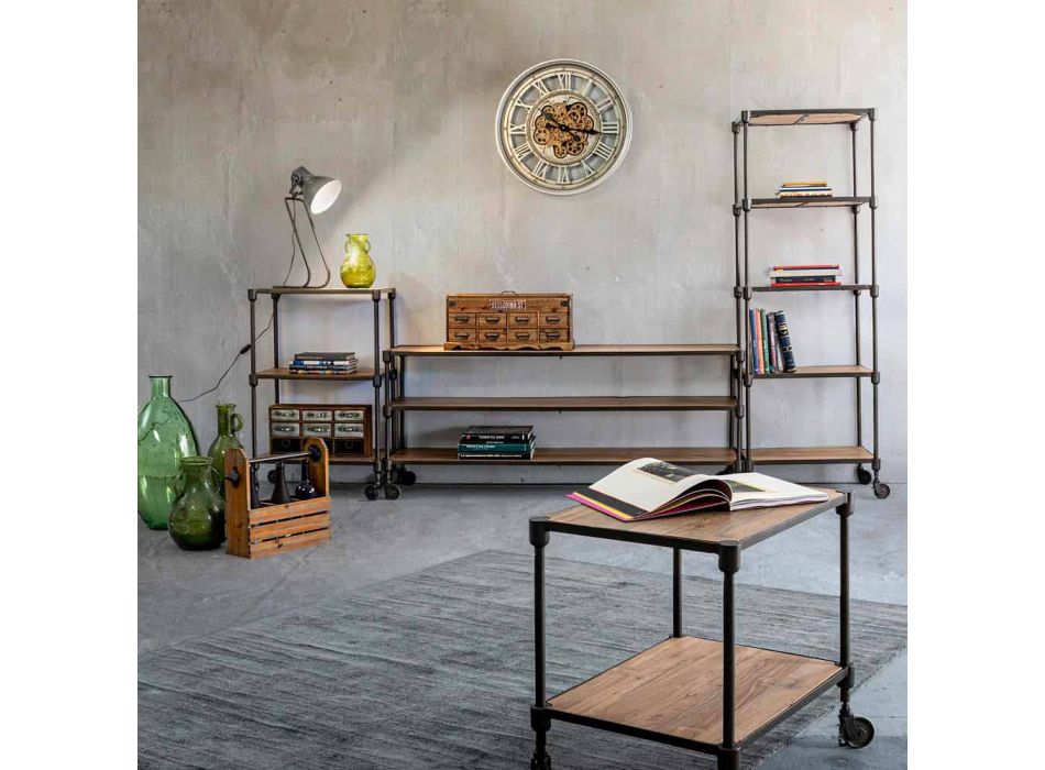 Bibliothèque en acier peint avec roulettes et étagères en teck Homemotion - Fulvia Viadurini