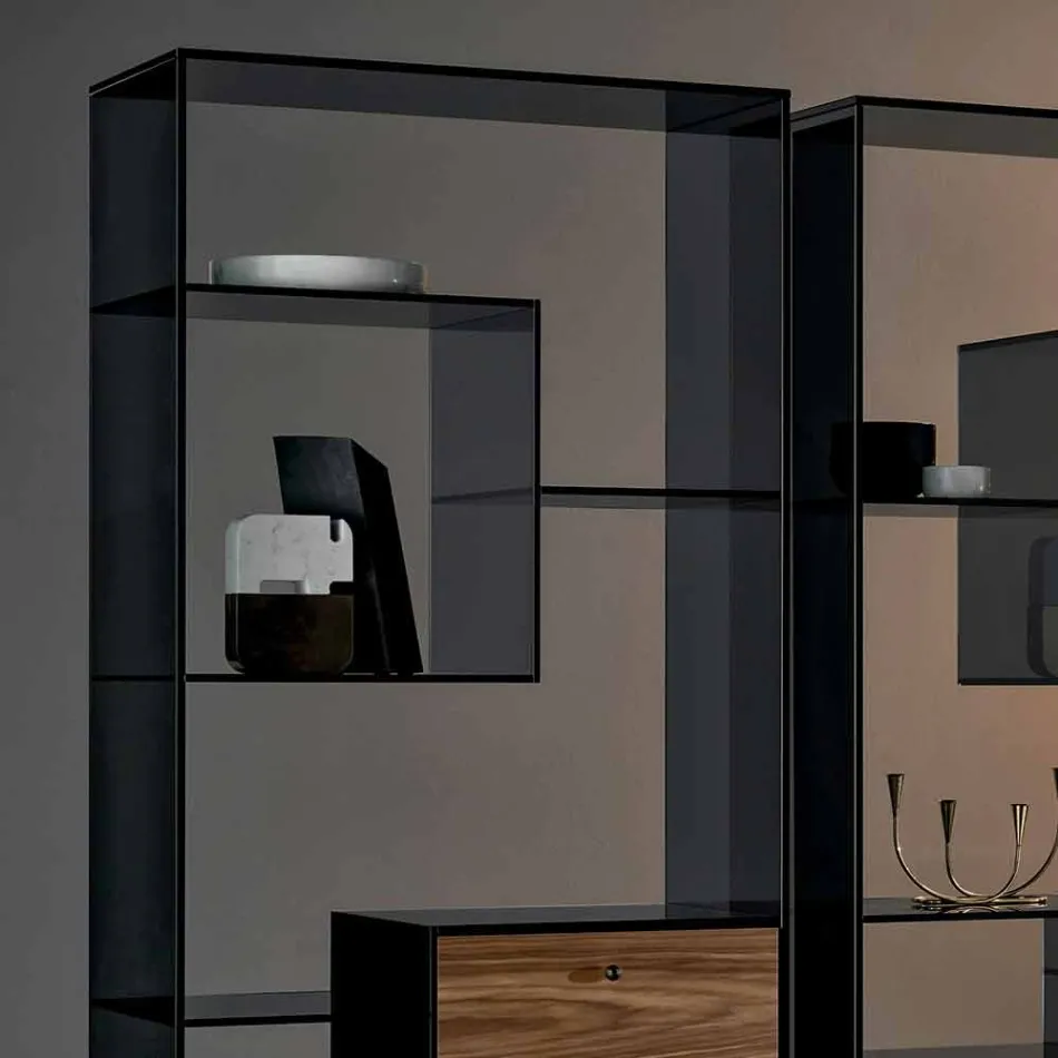 Bibliothèque en Verre Fumé avec Tiroir en Bois de Noyer Canaletto Design Italien - Linzy Viadurini