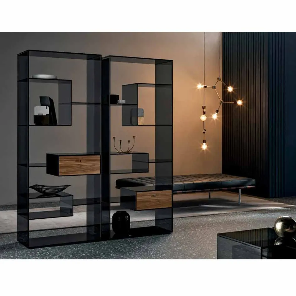 Bibliothèque en Verre Fumé avec Tiroir en Bois de Noyer Canaletto Design Italien - Linzy Viadurini