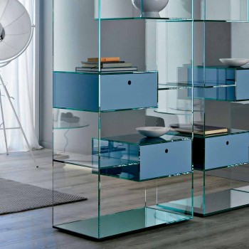 Bibliothèque de salon double en verre extra-clair avec ou sans tiroirs - Linzy