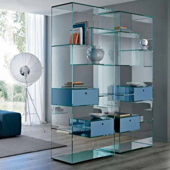 Bibliothèque de salon double en verre extra-clair avec ou sans tiroirs - Linzy