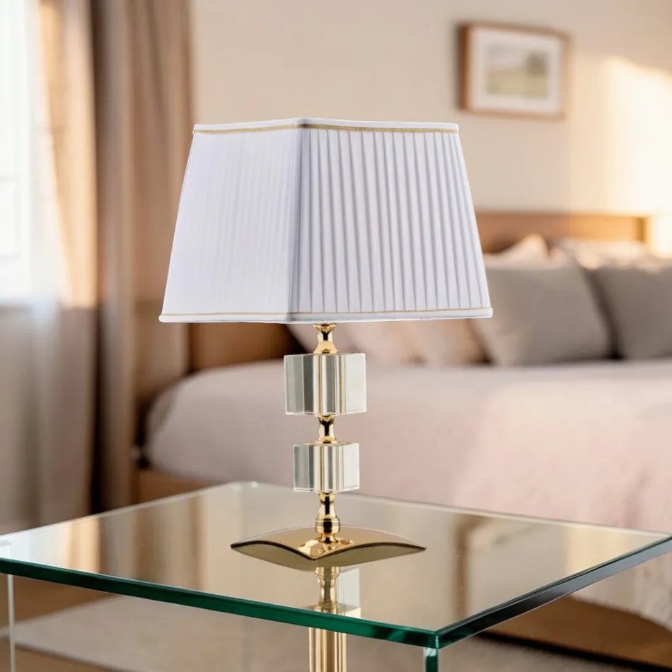 Lampe de table en fer doré et cristal avec abat-jour fabriqué en Italie - Innsbruck Viadurini