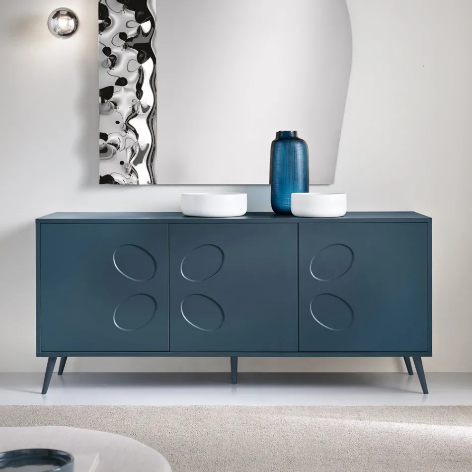 Buffet trois portes en mélamine et MDF avec piètement en métal, fabriqué en Italie - Rialto Viadurini