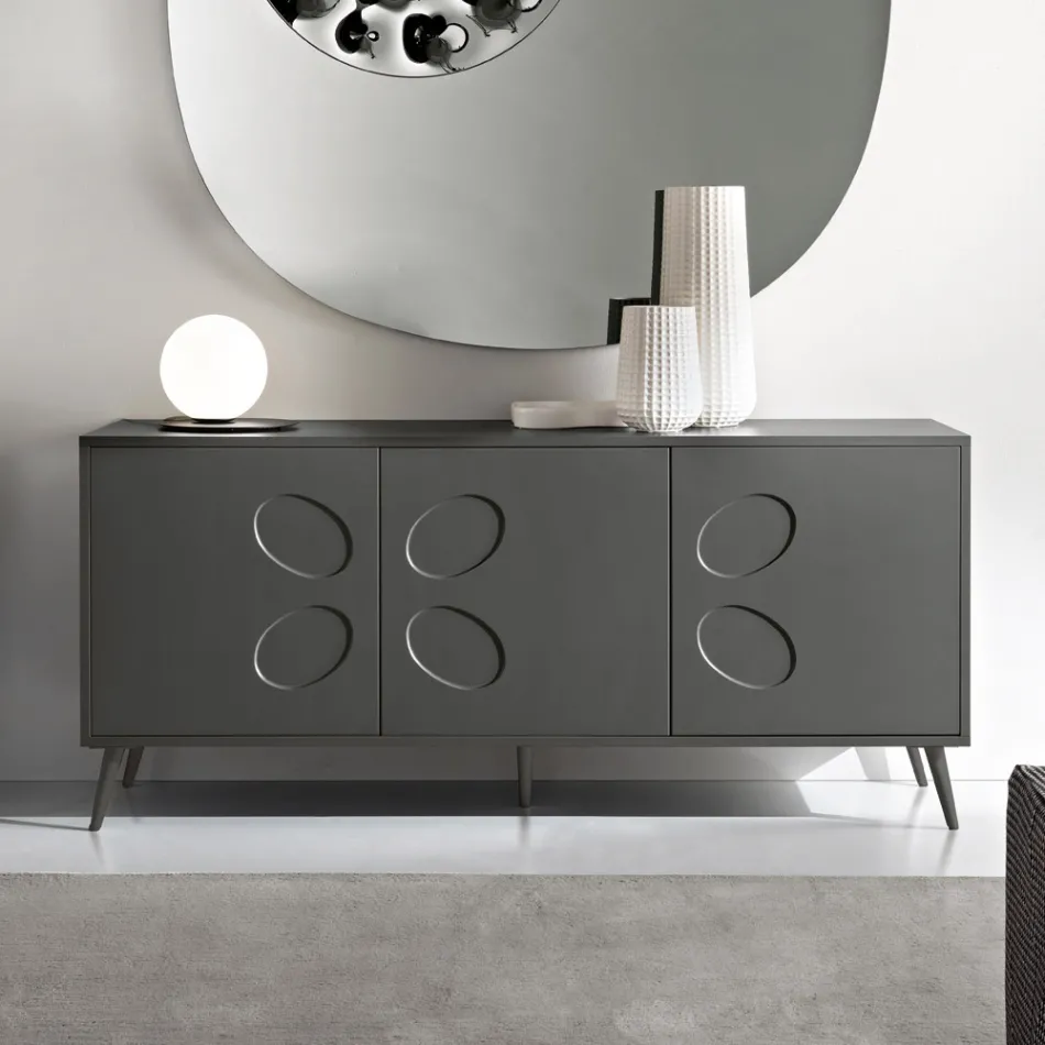 Buffet trois portes en mélamine et MDF avec piètement en métal, fabriqué en Italie - Rialto Viadurini