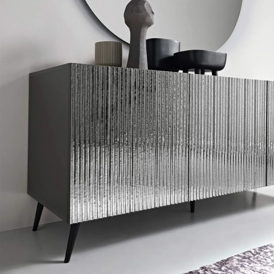 Buffet trois portes en verre rayé et bois mélaminé, fabriqué en Italie - Ninfa Viadurini