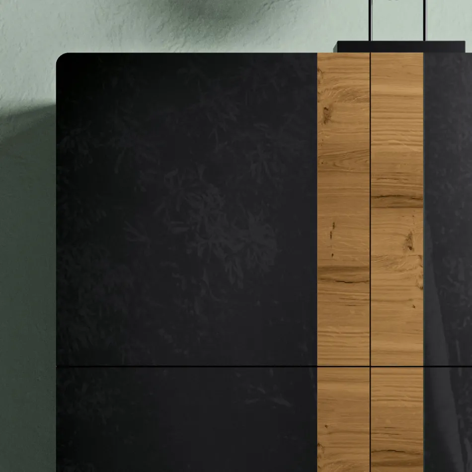 Buffet de salon avec 4 portes en finition chêne noué country et verre anthracite - Ove Viadurini