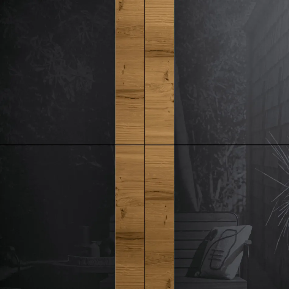 Buffet de salon avec 4 portes en finition chêne noué country et verre anthracite - Ove Viadurini