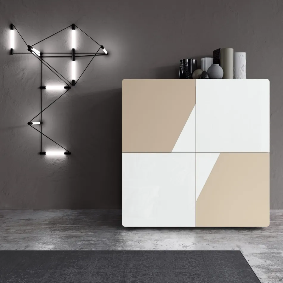 Buffet de salon avec 4 portes en verre blanc et finition vison Made in Italy - Eva Viadurini