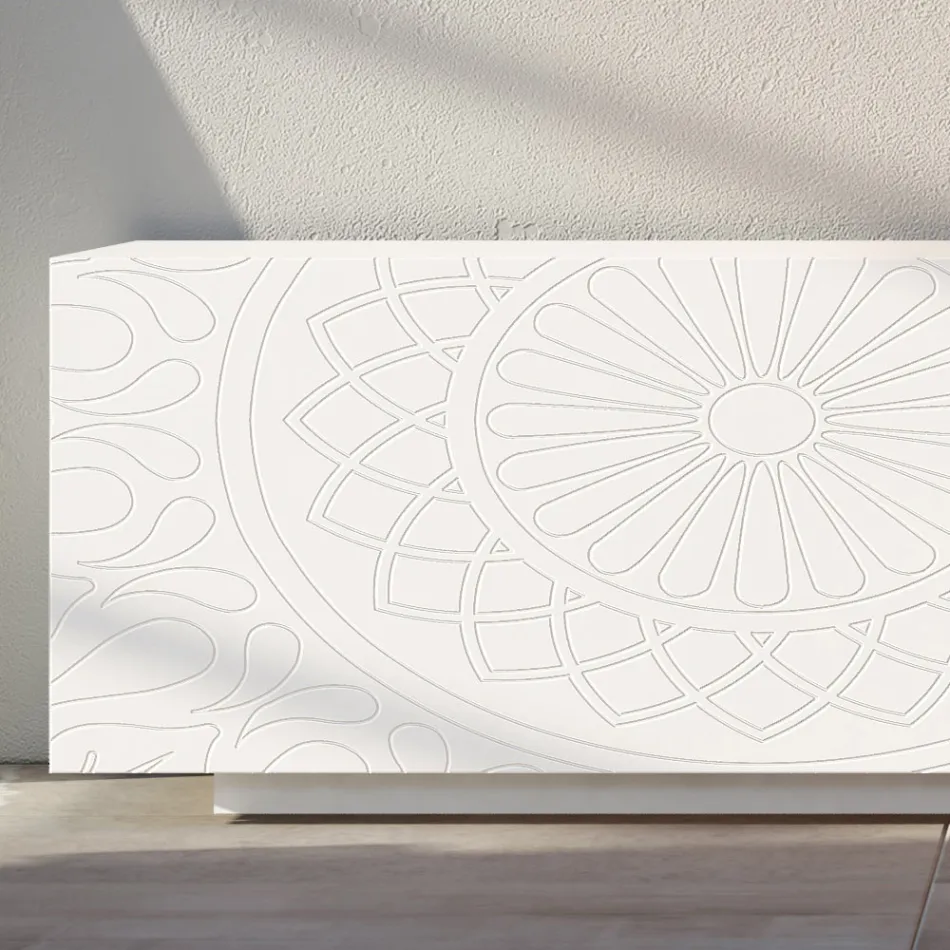 Buffet de salon en Mdf blanc avec bas-relief Made in Italy - Stilea Viadurini