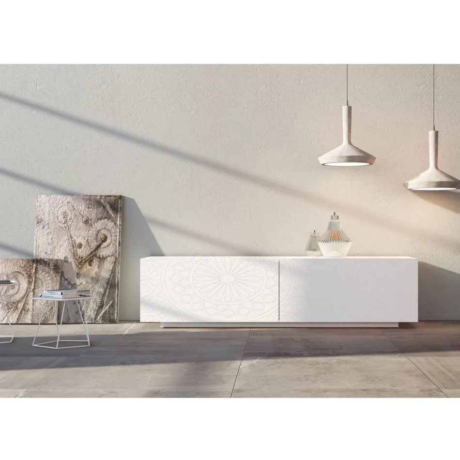 Buffet de salon en Mdf blanc avec bas-relief Made in Italy - Stilea Viadurini