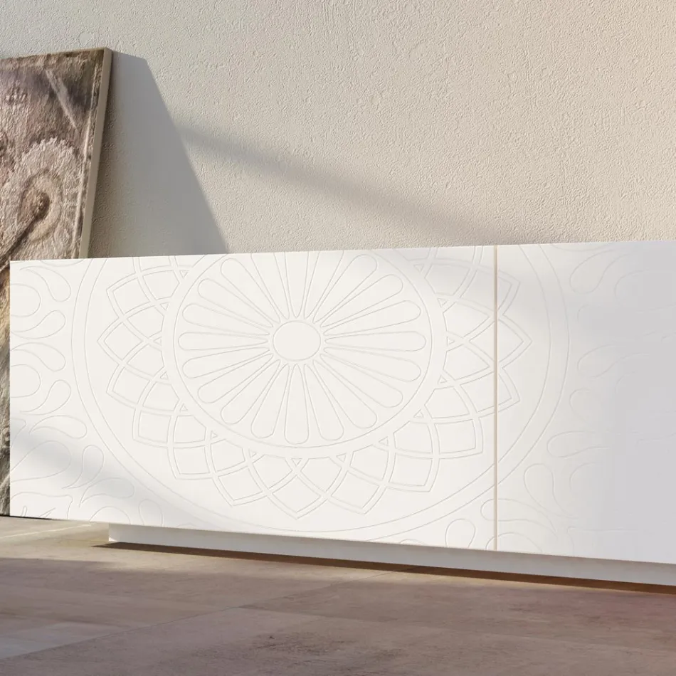 Buffet de salon en Mdf blanc avec bas-relief Made in Italy - Stilea Viadurini