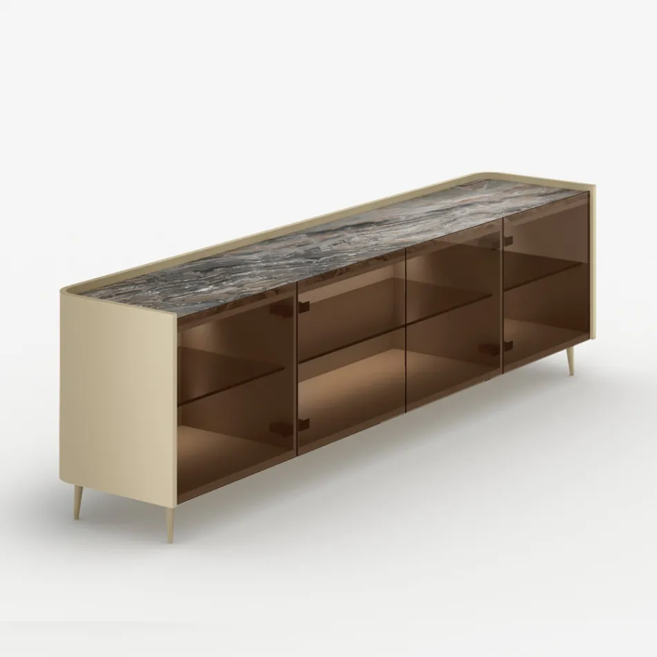 Buffet en bois laqué courbé avec portes vitrées bronze, fabriqué en Italie - Lyra Viadurini