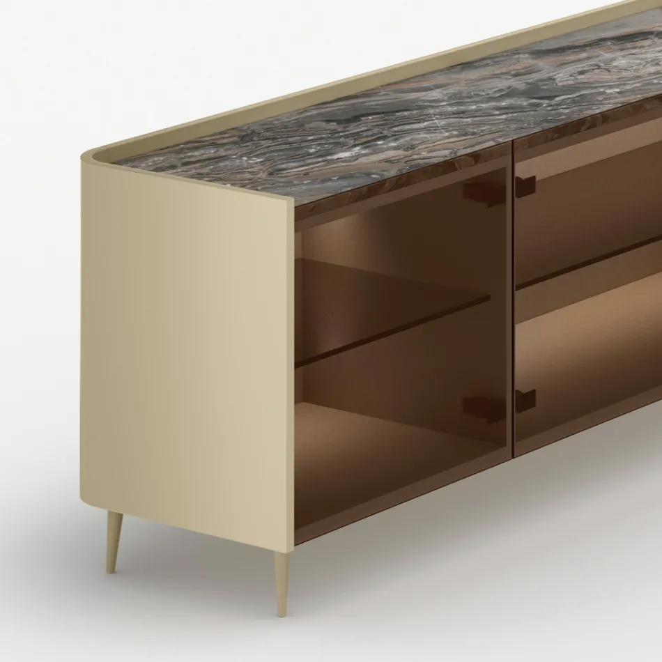 Buffet en bois laqué courbé avec portes vitrées bronze, fabriqué en Italie - Lyra Viadurini