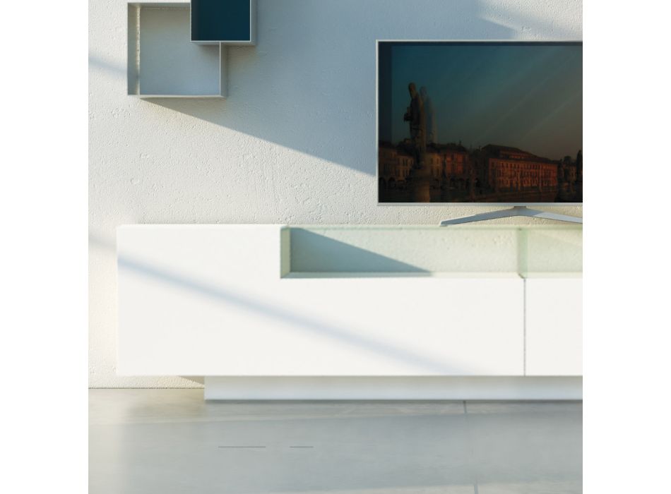 Buffet en Mdf blanc avec vitrine en verre et socle fabriqué en Italie - Kisha Viadurini