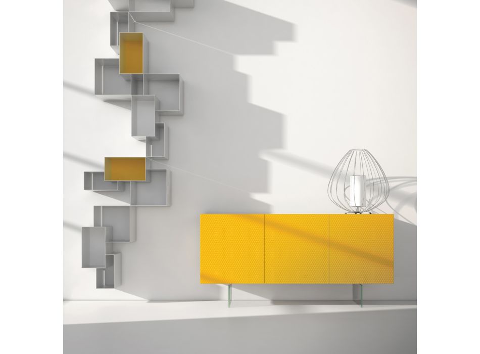 Buffet en Mdf laqué jaune avec 3 portes et pieds en verre Made in Italy - Ciara Viadurini