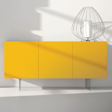 Buffet en Mdf laqué jaune avec 3 portes et pieds en verre Made in Italy - Ciara Viadurini