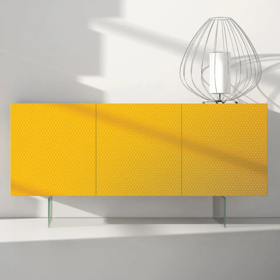 Buffet en Mdf laqué jaune avec 3 portes et pieds en verre Made in Italy - Ciara Viadurini
