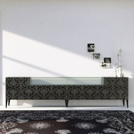 Buffet en Mdf Noir avec Vitrine et Portes Décorées Made in Italy - Marissa Viadurini
