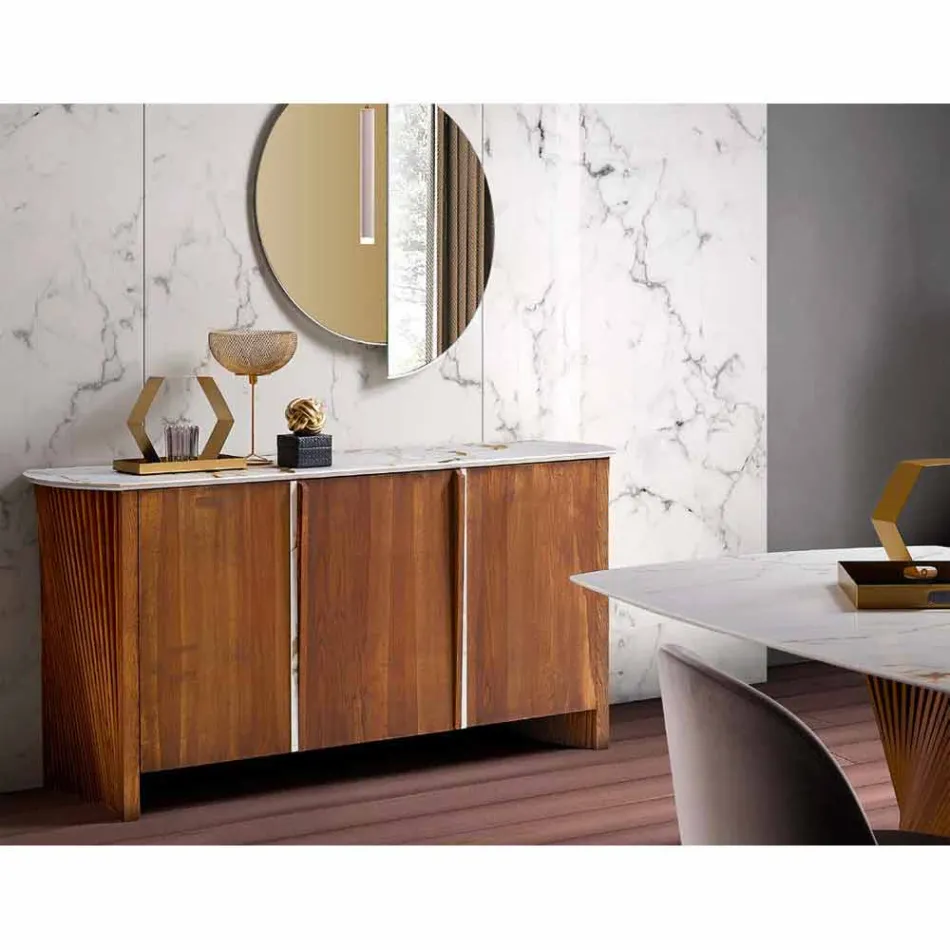Buffet moderne en bois avec dessus et porte en marbre Gres Made in Italy - Wonka Viadurini