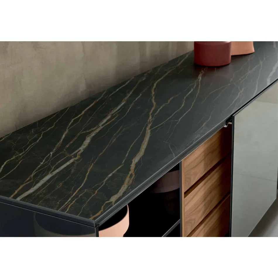 Buffet moderne sur roulettes en verre fumé et plateau en céramique Made in Italy - Sciocca Viadurini