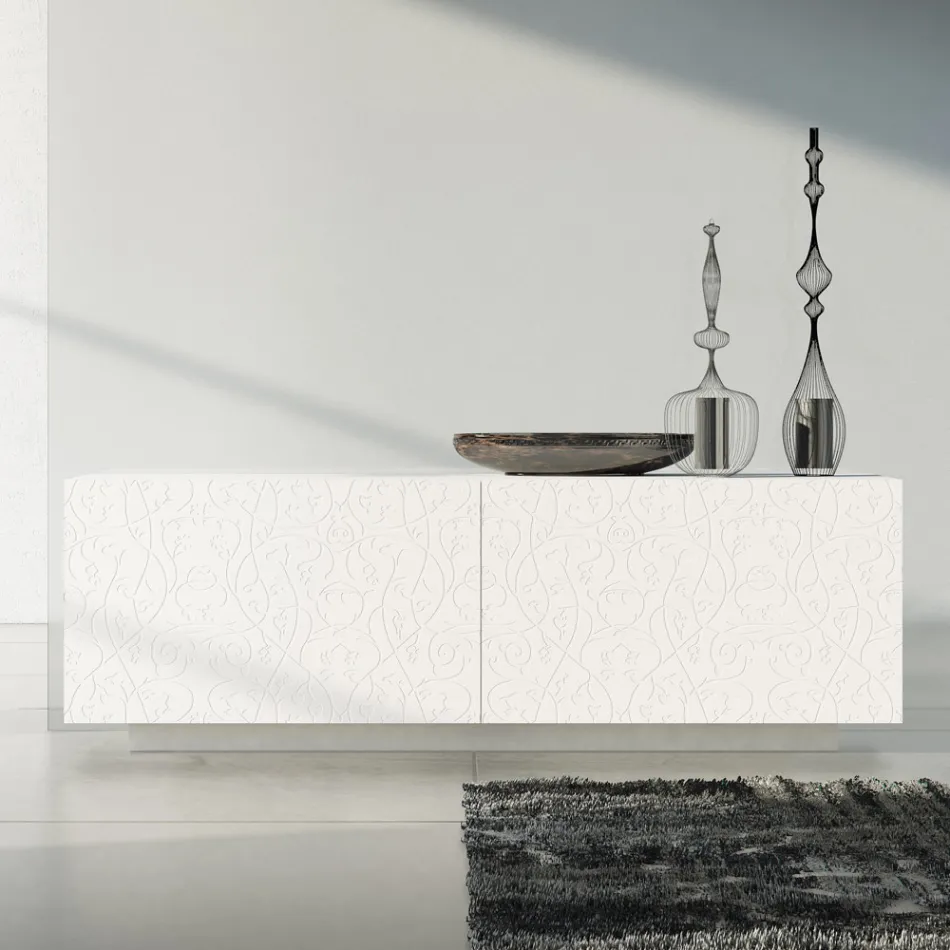 Buffet de salon en Mdf laqué blanc avec bas-relief Made in Italy - Acqua Viadurini