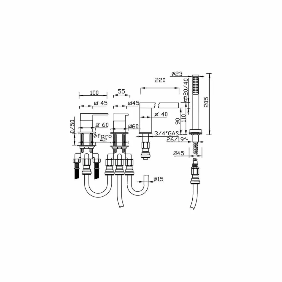 Mélangeur de baignoire 4 trous en laiton design Made in Italy - Panela Viadurini