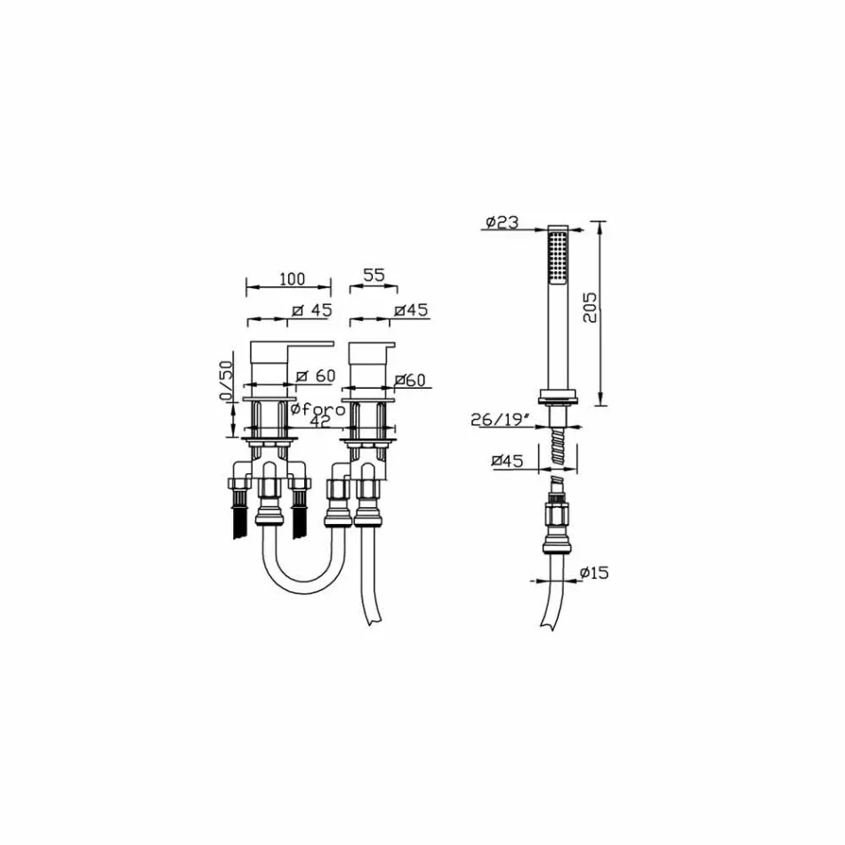Mitigeur de baignoire moderne 3 trous en laiton fabriqué en Italie - Bibo Viadurini