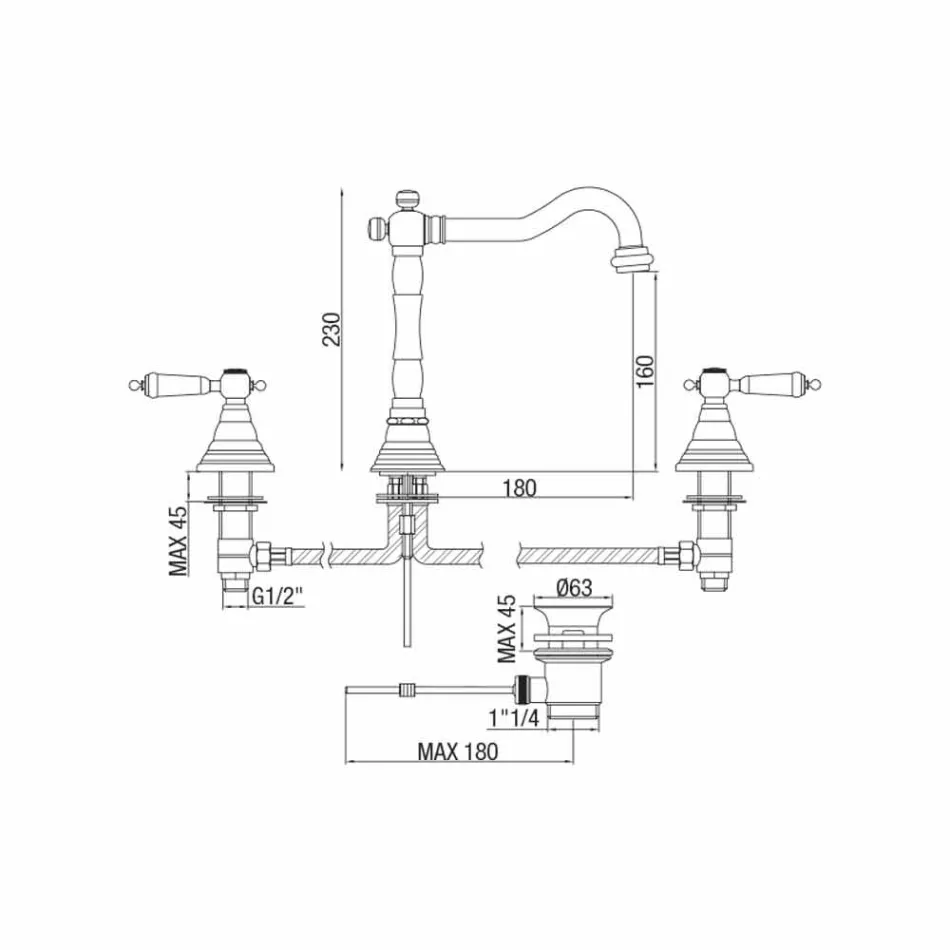 Mélangeur de lavabo classique 3 trous en laiton fabriqué en Italie - Shelly Viadurini
