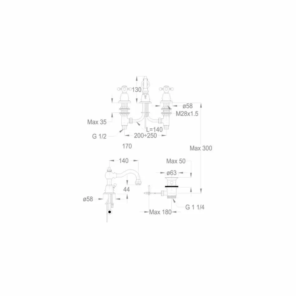 Mitigeur lavabo 3 trous hauteur 130 mm en laiton Made in Italy - Binsu Viadurini