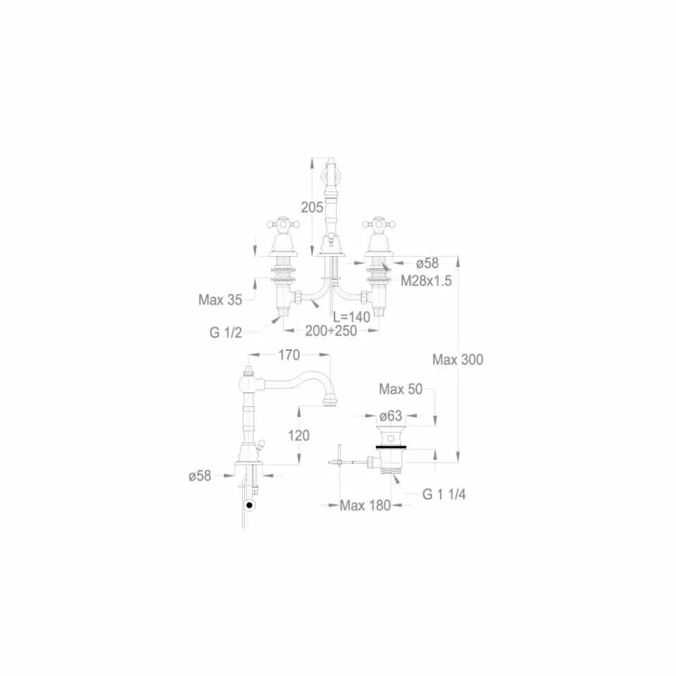 Mitigeur de lavabo de salle de bain moderne à trois trous en laiton fabriqué en Italie - Binsu Viadurini