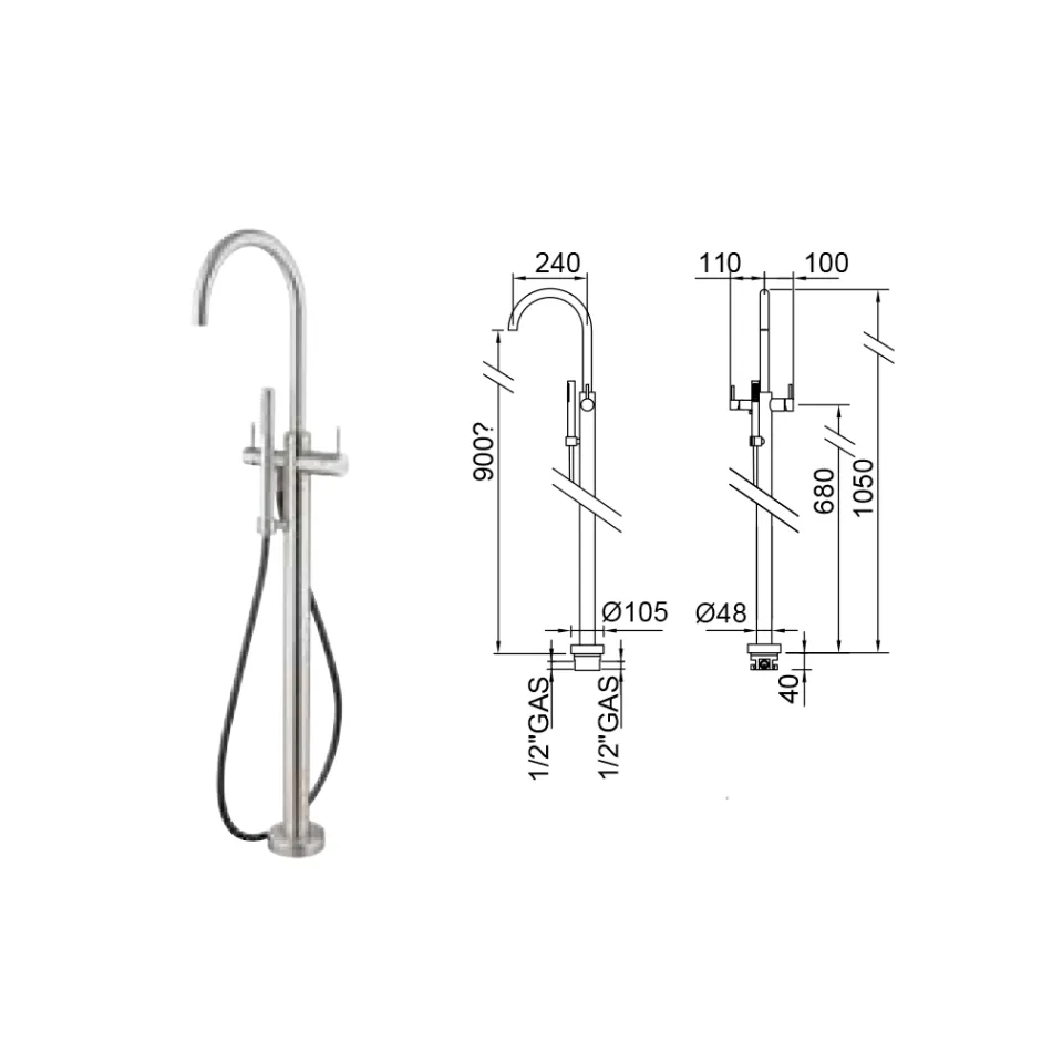 Mitigeur de baignoire sur pied extérieur en acier inoxydable AISI 316L - Griffes Viadurini