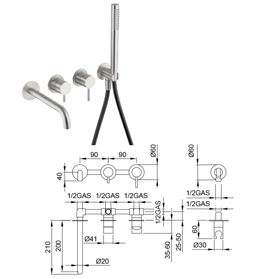 Mitigeur de baignoire à encastrer en acier inoxydable AISI 316L - Griffes Viadurini