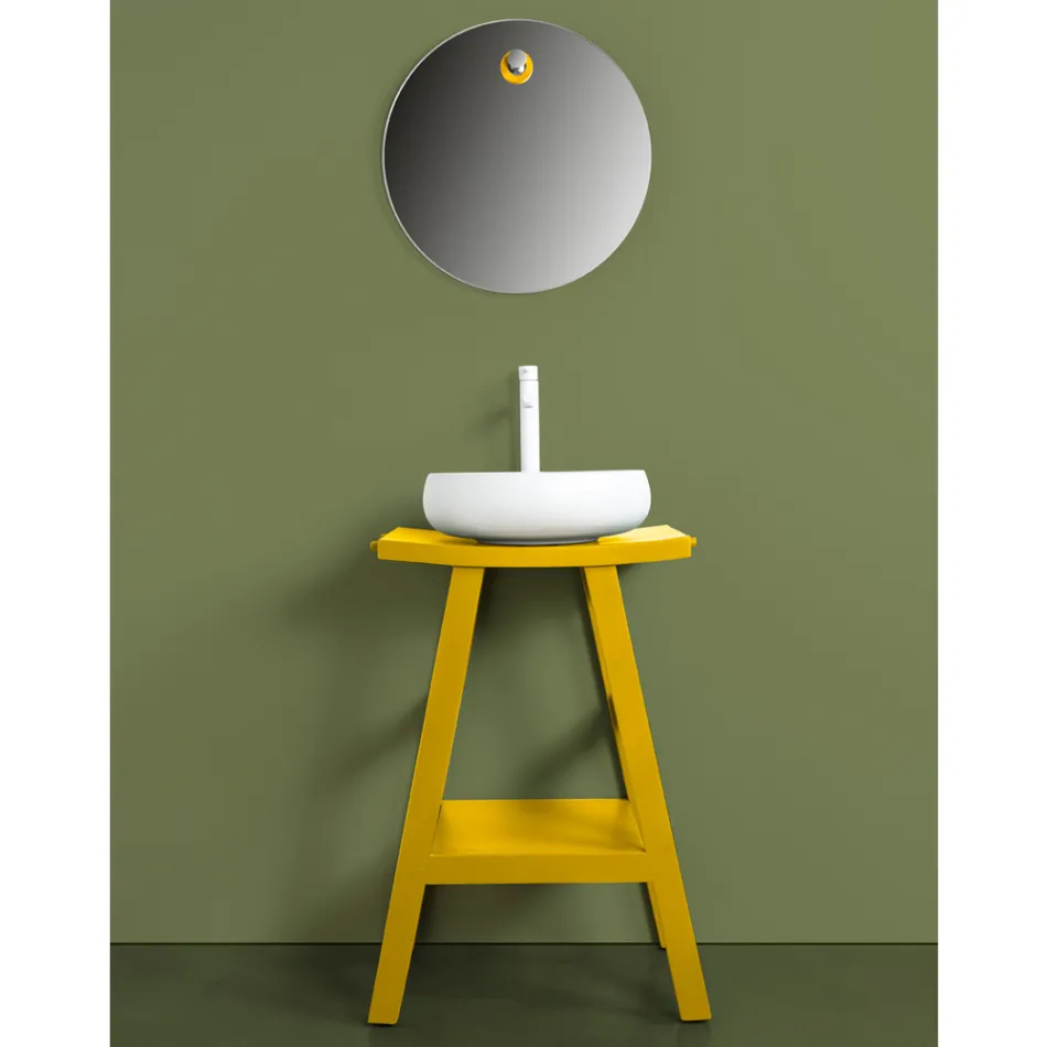 Meubles de salle de bain en teck récupéré avec dessus semi-incurvé jaune - Raomi Viadurini