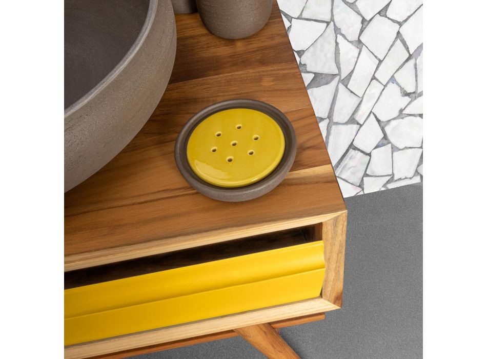 Meuble de salle de bain en teck naturel avec tiroir jaune - Gatien Viadurini