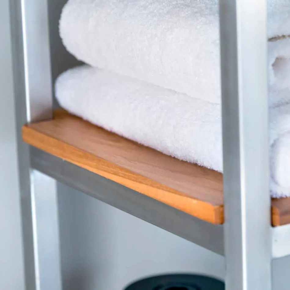 Meuble de salle de bain colonne en teck et acier avec 4 étagères ouvertes - Tamburino Viadurini