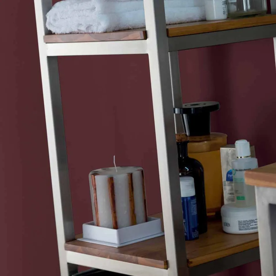 Meuble de salle de bain colonne en teck et acier avec 4 étagères ouvertes - Tamburino Viadurini