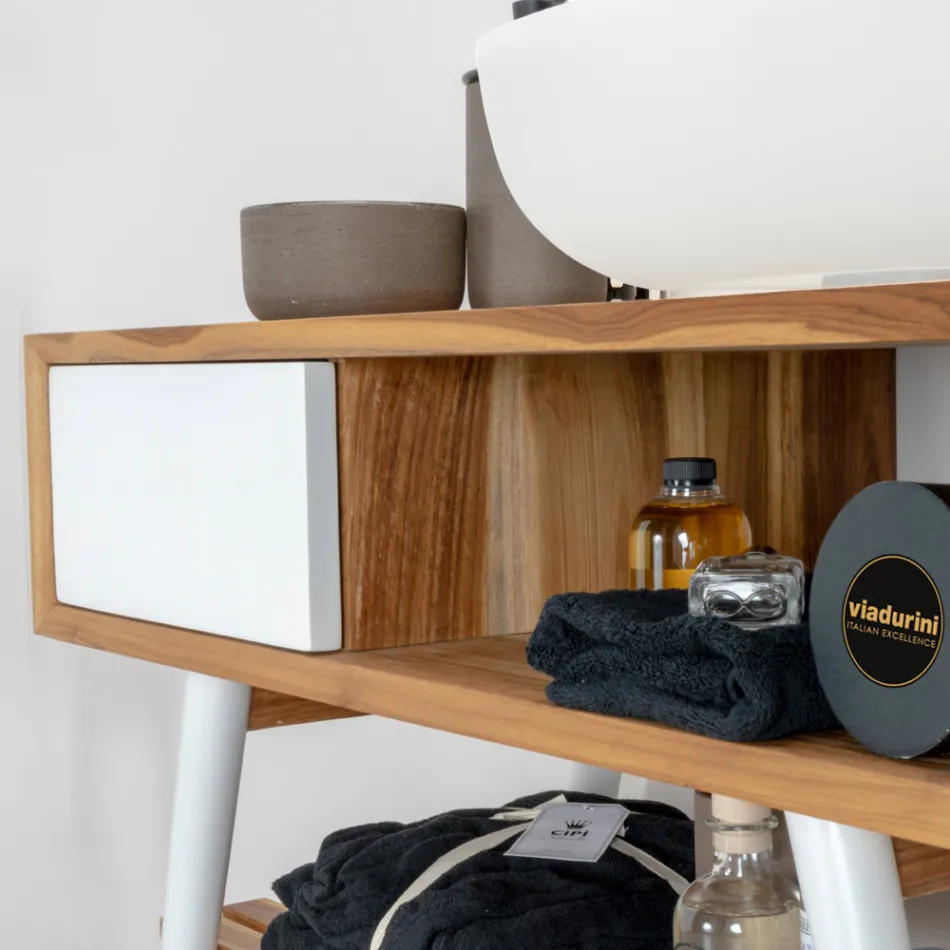 Meuble de salle de bain à poser au sol blanc en teck naturel avec tiroirs colorés - Benoit Viadurini