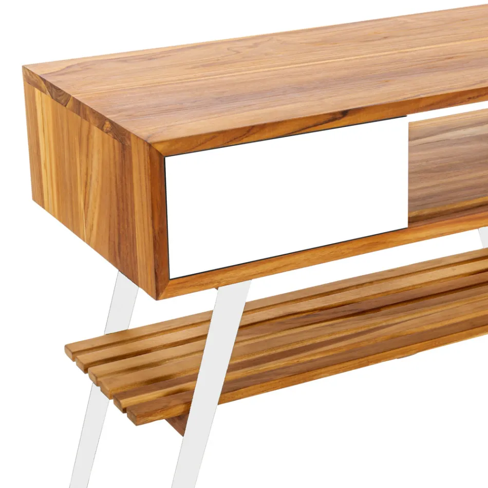 Meuble de salle de bain à poser au sol blanc en teck naturel avec tiroirs colorés - Benoit Viadurini