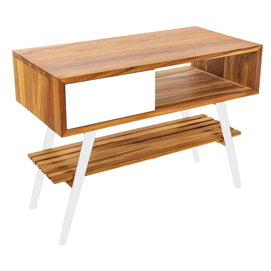 Meuble de salle de bain à poser au sol blanc en teck naturel avec tiroirs colorés - Benoit Viadurini