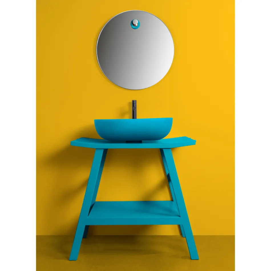 Meuble de salle de bain à poser au sol en teck bleu et étagère pratique avec dessus semi-incurvé - Crina Viadurini