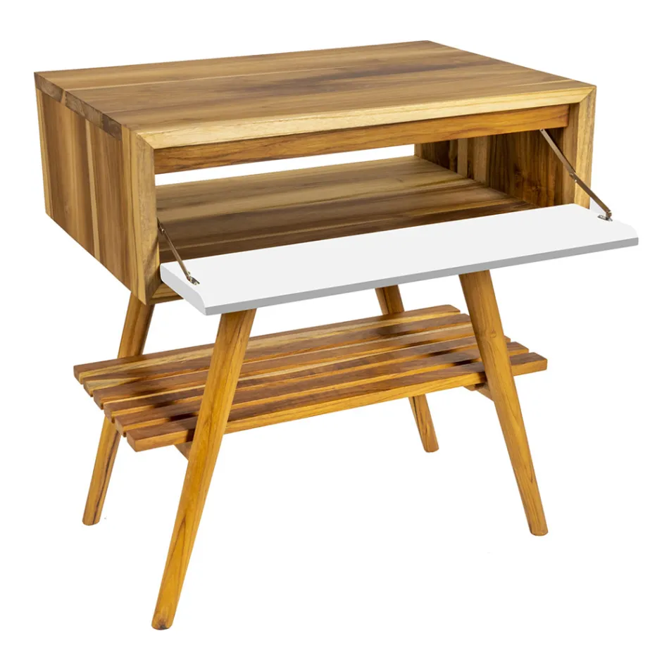 Meuble de salle de bain au sol en teck récupéré et plateau d'appui blanc - Gatien Viadurini