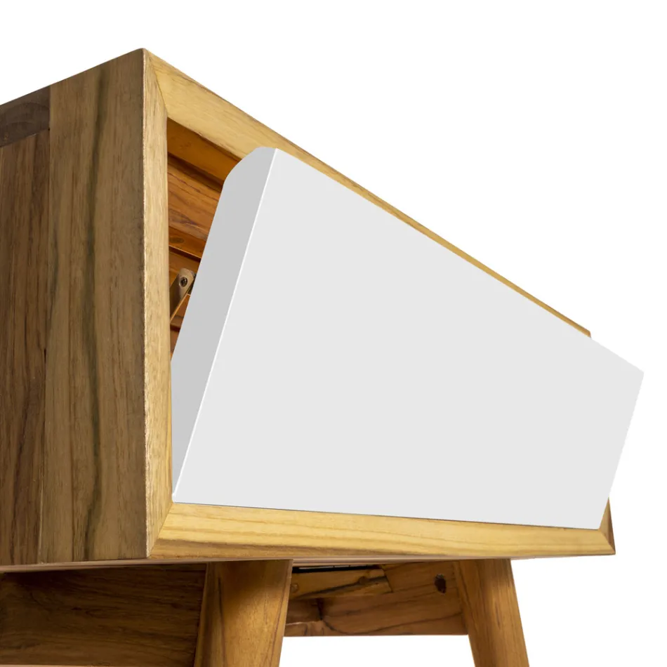 Meuble de salle de bain au sol en teck récupéré et plateau d'appui blanc - Gatien Viadurini