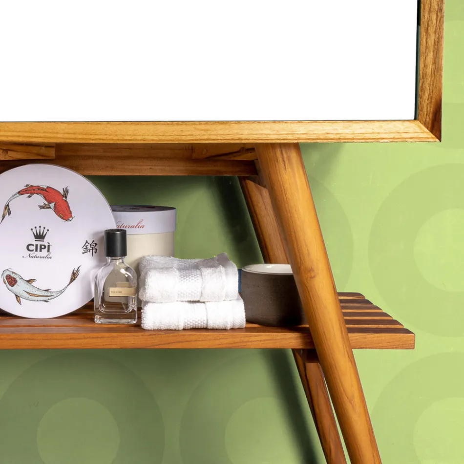 Meuble de salle de bain au sol en teck récupéré et plateau d'appui blanc - Gatien Viadurini